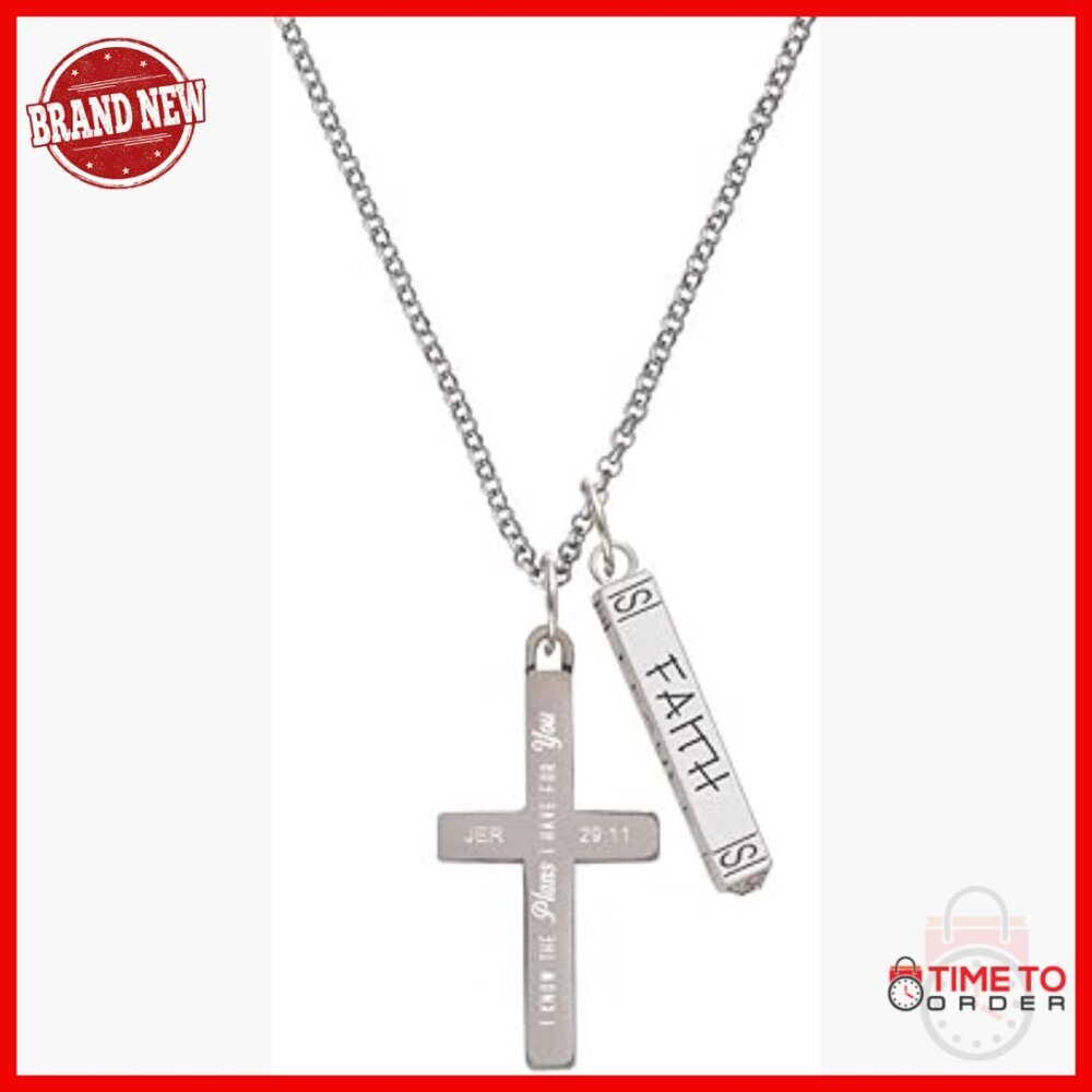 Stainless Steel Bible Verse Cross Charm Necklace 23 Inches